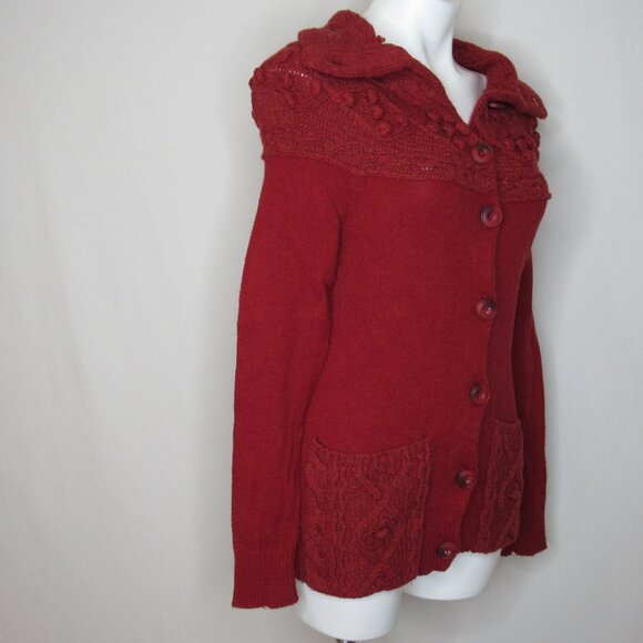 Sleeping On Snow Anthropologie Red Cablepom Cardigan Sweater Women's S Small - Picture 4 of 9